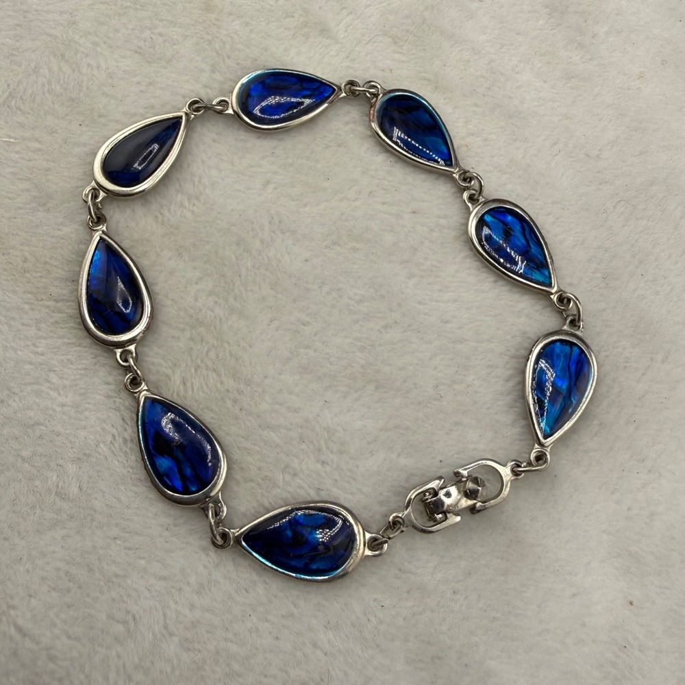 Vintage Enamel Bracelet Silver Tone Blue